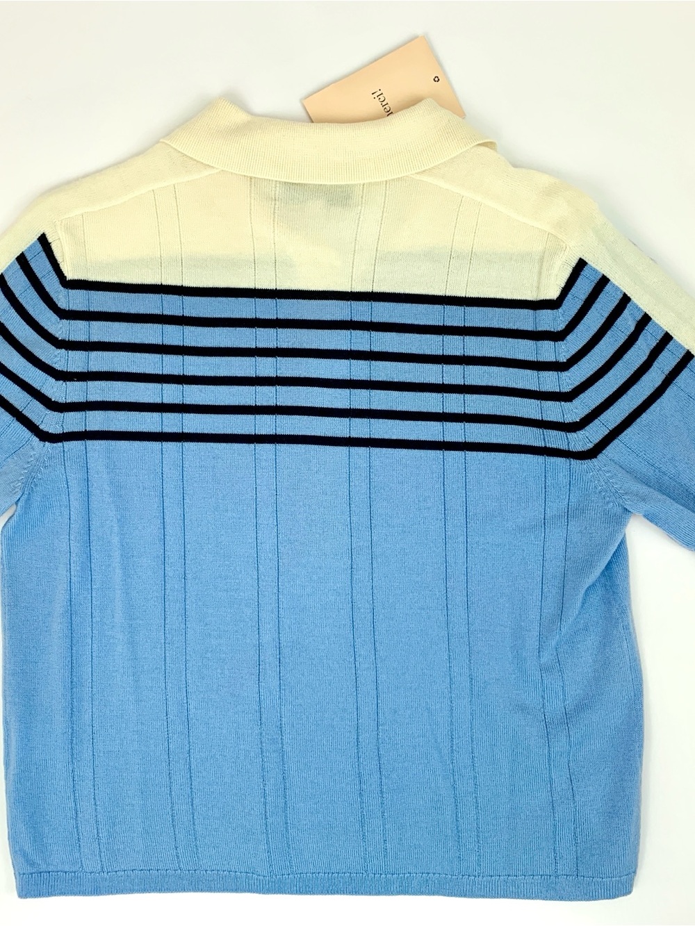 La Ligne Merino Wool Blue and Cream Striped Short-Sleeve Polo Sweater - Picture 3 of 4